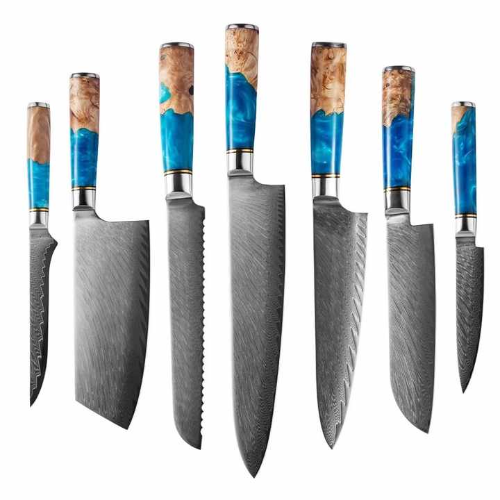 Chef Knife Sets With Blue Resin Handle Carbon Steel Kitchen Knife Damascus Knife Set